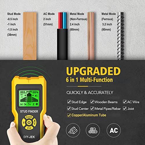 DIY-JEK Stud Finder Wall Scanner, Upgraded 6 in 1 Electronic Stud Detector Sensor with LCD Display & Audio Alarm for Wood Metal AC Live Wire DIY-JEK