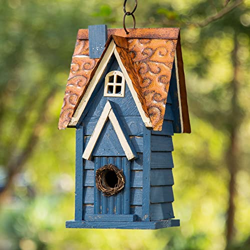 Glitzhome GH90096 Hanging Distressed Wooden Garden Cottage Birdhouse, Blue glitzhome