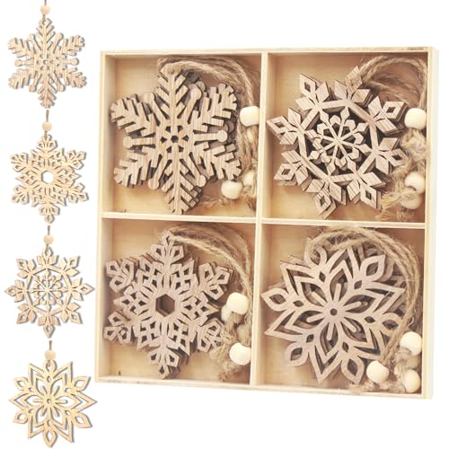 16pcs Large Christmas Wooden Snowflakes Hanging Ornaments DIY Craft Snowflake Wooden Ornaments Cutouts Unfinished Wood Cutout Christmas Decorations MFLUEEWR