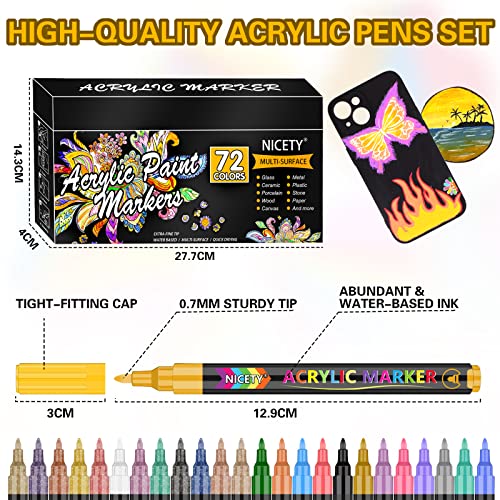 NICETY 72 Colors Acrylic Paint Pens Paint Markers, Extra Fine Tip Point Acrylic Paint Pens for Rock Painting, Canvas, Wood, Ceramic, Glass, Stone, NICETY