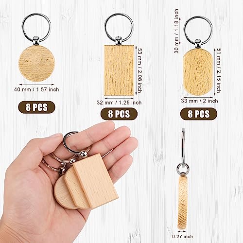 24pcs Wooden Keychain Blanks, Round Square Oval Engraving Blanks Wood Blanks Unfinished Wooden Key Ring Key Tag for DIY Gift Crafts SAVITA