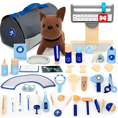 UMU Doctor Kit for Kids, Wooden Pretend Play 37 Pcs Pet Care Play Set Doctor Playset for Toddlers, Montessori Toys Dentist Kit for 3-8 Years Old Boys umu