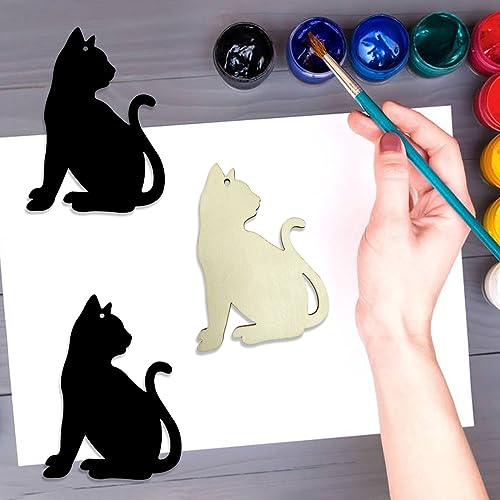 30pcs Unfinished Cat Wood DIY Crafts Cutouts Wooden Cat Shape Cutouts Blank Hanging Ornaments for Pets Themed Birthday Halloween Christmas Party JEKEJIAJIU