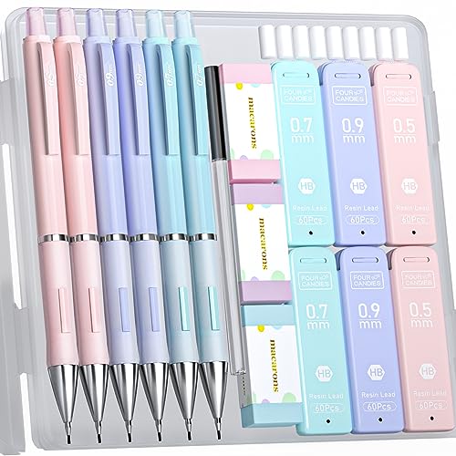 Four Candies Pastel Mechanical Pencil Set - 6PCS 0.5 mm & 0.7 mm & 0.9 mm Cute Mechanical Pencils with 360PCS HB Lead Refills, 3PCS Erasers and 9PCS Four Candies