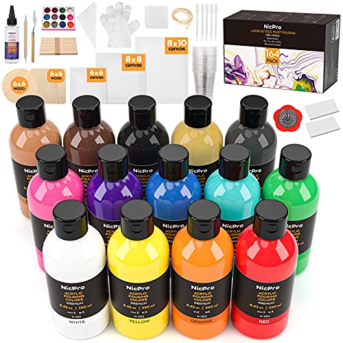 Nicpro 14 Colors 8.45oz Acrylic Pour Paint Supplies Kit, Large Volume Premixed High Flow Painting Bulk Set with Canvas, Wood Natural Slices, Pouring Nicpro