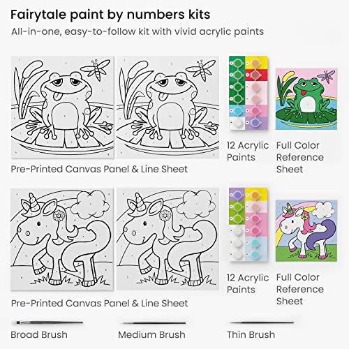 Arteza Kids Paint by Numbers Kit, 10" x 10", Pre-Printed Fairytale Canvas Painting Kit with 2 Canvases, 24 Acrylic Paint Pots, 3 Paintbrushes, Art ARTEZA