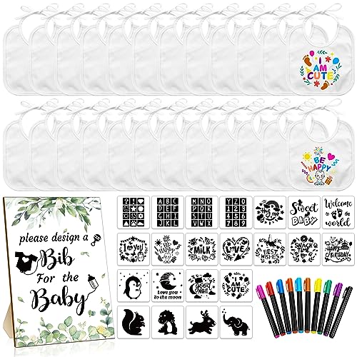 Newwiee 55 Pcs DIY Baby Bibs Set Includes 22 White Feeder Bibs 22 Stencils 10 Fabric Markers 1 Wooden Baby Shower Game Sign, White Bibs Baby Shower Newwiee