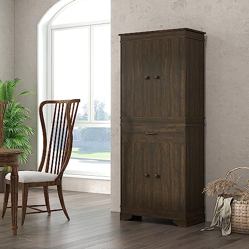 HOMCOM 72" Farmhouse Kitchen Pantry, 4-Door Rustic Storage Cabinet with Drawer and 3 Shelves, Walnut HOMCOM