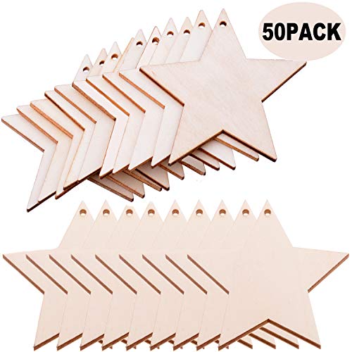 Pack of 50 Wooden Crafts to Paint 3 inch Christmas Tree Hanging Ornaments Unfinished Wood Cutouts Christmas Decoration DIY Crafts (Wooden Star malyunin