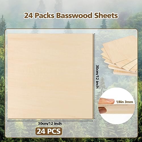 Basswood Sheets 1/8 x 12 x 12 inch - 3mm Basswood Sheets Plywood Sheets Balsa Wood, 24Pcs Square Unfinished Wood Board for DIY Crafts, Laser Cutting, Adrattnay