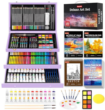 Soucolor Art Supplies, 192-Pack Deluxe Art Set Drawing Painting Supplies Art Kit with Acrylic Pad, Watercolor Pad, Sketch Book, Canvases, Acrylic
