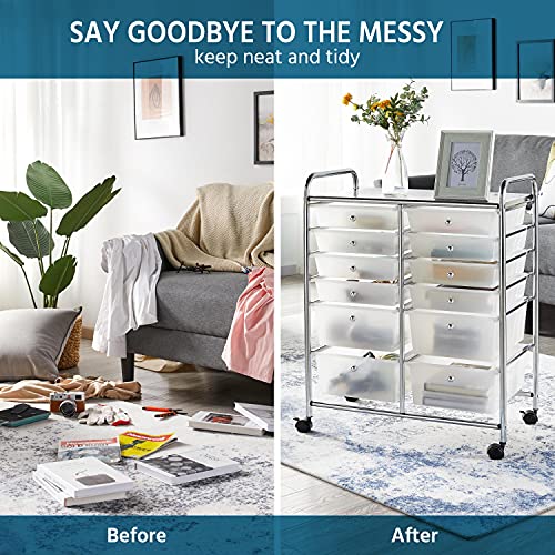 Yaheetech 12 Drawers Rolling Storage Cart Multipurpose Movable Organizer Cart Storage Bin Trolley Tools Scrapbook Paper Organizer on Wheels, White Yaheetech