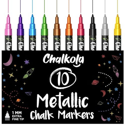 Extra Fine Tip Metallic Chalk Markers (10 Pack, 1mm) Liquid Chalk Pens - For Blackboards, Chalkboard, Bistro Menu, Window - Wet Wipe Erasable