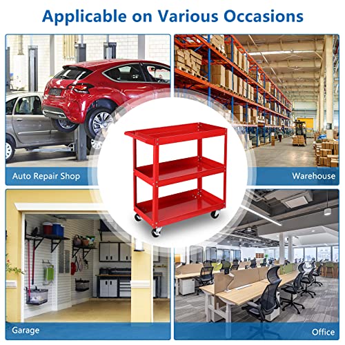 TUFFIOM 3 Tier Rolling Tool Cart, 330 Lbs Capacity, Red, 3 Shelves Steel Utility Cart for Garage, Workshop, Warehouse & Repair Shop TUFFIOM