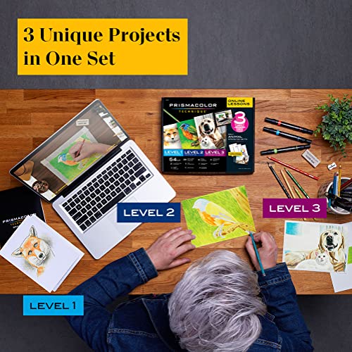 Prismacolor Technique, Art Supplies and Digital Art Lessons, Animal Drawing Set Bundle, Levels 1-3, 54 Count Prismacolor