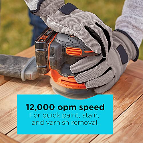 BLACK+DECKER 20V MAX Orbital Sander, Cordless, 12,000 OPM, 2 Sandpaper Sheets, Battery and Charger Included (BDCRO20C) BLACK+DECKER