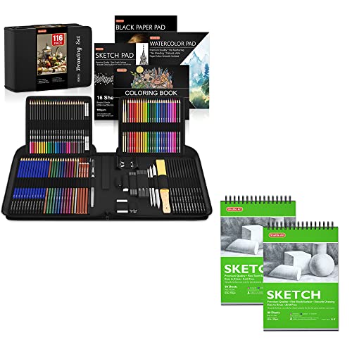 Shuttle Art Drawing Kit and Sketch Pad Bundle, Set of 116 Pack Complete Drawing Kit +160 Sheets Sketch Pad Shuttle Art