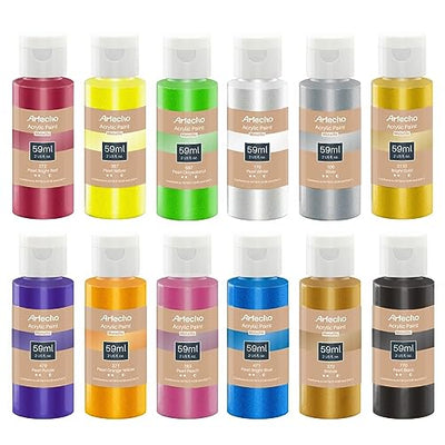 Artecho Metallic Acrylic Paint, 12 Colors Bottles (59ml / 2oz) Art Craft Paints for Canvas, Rock, Stone, Wood, Fabric, Art Supplies for Artists,