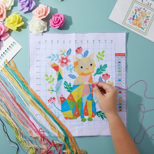 Pack of 2, Fox and Cat Stamped Counted Cross Stitch, Embroidery Beginner Kit with 11 CT Cloth, Needles, Thread Bright Creations