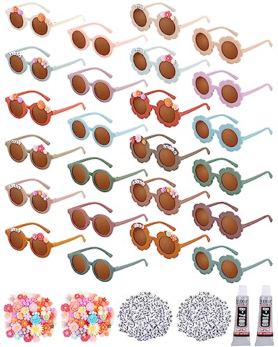 Kanayu 24 Pcs Sunglasses DIY Kit Kids Round Flower Sunglasses Bulk with 200 Random Letter Beads 100 Daisy Charms and 2 Glues Craft Party Favors Gifts
