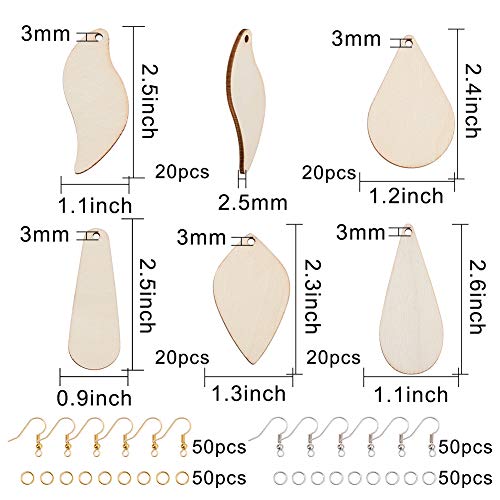 SUNNYCLUE 300Pcs 5 Shapes Unfinished Wooden Earrings Blanks Kit Unfinished Wood Large Charms Pendants Blank with Hole with 100Pcs Earring Hooks SUNNYCLUE