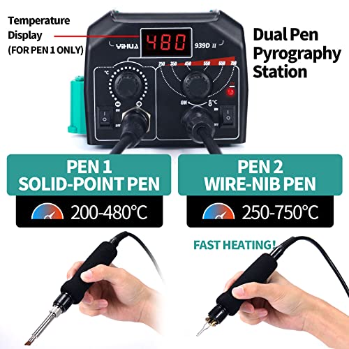 YIHUA 939D-II Pyrography Pen Wood Burning Kit Station 2-in-1 Solid-Point 200~480°C (with Temp Display)/Wire-Nib 250~750°C with 20 Nibs, Solid Points, YIHUA