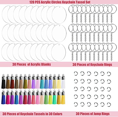 JINMURY 120 Pcs 2 Inch Acrylic Keychain Blanks | Clear Acrylic Circle Discs with Hole, Come with Silver 30 Tassles and 30 Keychain Rings, Perfect for JINMURY