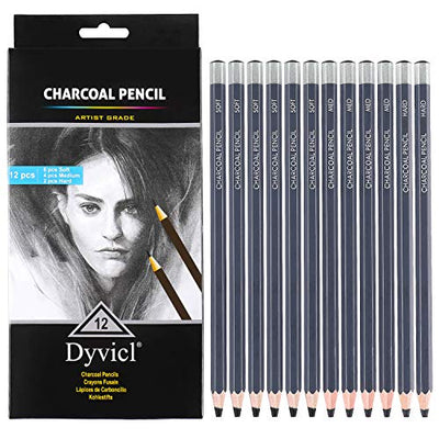 Dyvicl Professional Charcoal Pencils Drawing Set - 12 Pieces Soft, Medium & Hard Charcoal Pencils for Drawing, Sketching, Shading, Artist Pencils for