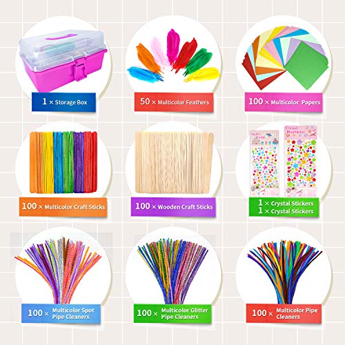 1405 Pcs Art and Craft Supplies for Kids, Toddler DIY Craft Art Supply Set Included Pipe Cleaners, Pom Poms, Feather, Folding Storage Box - All in kortes