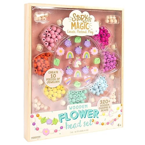 Story Magic Wooden Flower Bead Set, Over 300 Large Hole Wood Beads & Charms for Beading Bracelets, Bracelet Making Kit, Flower Bracelet Kit, Story Magic