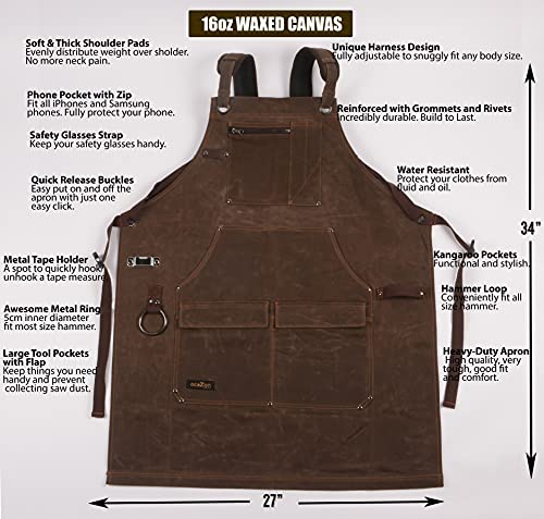 Woodworking Shop Apron - 16 oz Waxed Canvas Work Aprons | Metal Tape holder, Fully Adjustable to Comfortably Fit Men Size S to XXL | Tough Tool Apron ecoZen Lifestyle