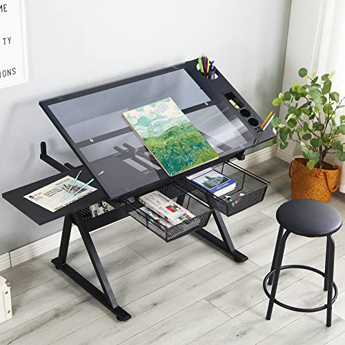 LifeSky Adjustable Glass Drafting Table - Height Adjustable Temped Glass Artists Drawing Table with Storage - Art Craft Desk Workstation for Adults LIFE SKY