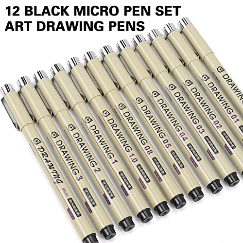 Micro Fineliner Drawing Art Pens: 12 Black Fine Line Waterproof Ink Set Artist Supplies Archival Inking Markers Liner Professional Sketch Outline KOUSICOO