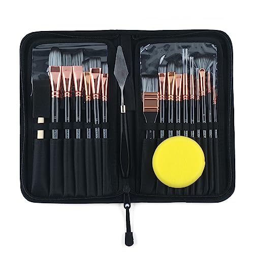 Transon Art Paint Brush Kit 16 Paint Brushes with Foam Brush Sponge Spatula and Brush Case for Oil, Acrylic, Watercolor, Gouache, Painting Black TRANSON