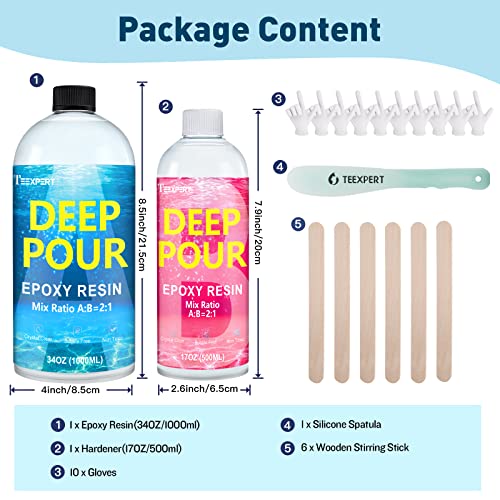 Teexpert Deep Pour Epoxy Resin, 51oz Epoxy Resin Kit for 2-4" Pour Depths, Crystal Clear & High Gloss, Bubble-Free Casting Resin for Flower Teexpert