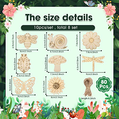 80Pcs Unfinished Wooden Cutouts,8 Styles Wood Butterfly Flower Bee Slices,Blank Wooden Paint Crafts Unfinished Wood Cutouts,DIY Wooden Paint Crafts Vetory