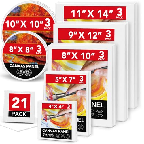 ESRICH Canvases for Painting Blank Cotton Canvas Boards 21Pack with 7 Size 4x4, 5x7, 8x10, 9x12, 11x14,Round Canvas with D8, D10, 3 of Each, Painting ESRICH