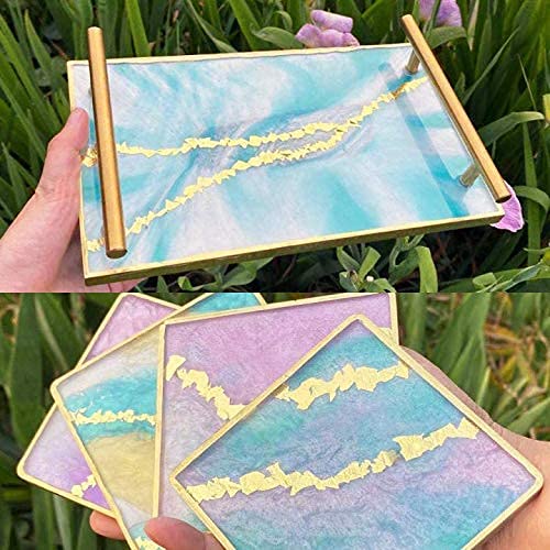 RESINWORLD Resin Tray Mold, 1Pc Thick Rectangle Tray Mold with 4 Pack Square Coaster Molds, Shiny Flat Edge Coaster Tray Silicone Mold for Resin ResinWorld