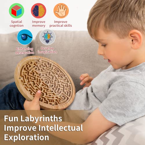 Round Wooden Labyrinth Game - Marble Maze for Education and Fun, Toddler Activity Board, Brain Teaser Puzzle Logic Game with Two Metal Balls for CHILLKITYPET