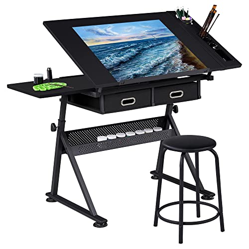 Yaheetech Art Craft Table Drawing Table Height Adjustable Drafting Desk Work Station with Tiltable Tabletop w/Stool and 2 Storage Drawers for Yaheetech