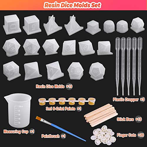 Resin Dice Molds, Shynek 19 Styles Polyhedral Game Dice Molds Set with Silicone Dice Mold, Mixing Sticks, Measuring Cup, Droppers, Acrylic Paints Set shynek