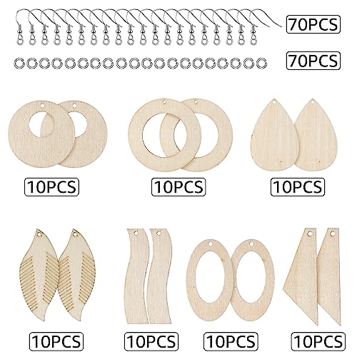 Hicarer 210 Pcs Unfinished Wooden Earrings Blanks Natural Wood Pendants Dangle Earrings Boho Wood Charms with 70 Pcs Earring Hooks and Jump Rings for Hicarer