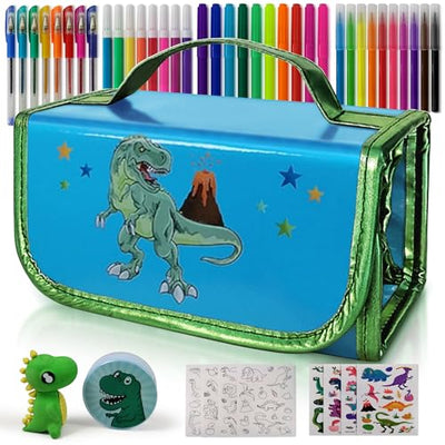 NUMI'SMILE Dinosaur Pencil Case with Fruit Scented Markers Art Set, Dinosaur Gifts for Boys Ages 3 4 5 6 7 8 9 Years and Up, Dinosaur Toys, Dino