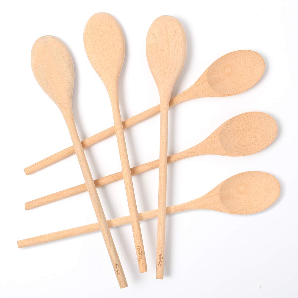 HANSGO Long Handle Wooden Cooking Mixing Oval Spoons, 6PCS 12 Inch Long Wooden Spoons Wooden Tasting Spoons Large Cooking Spoons HANSGO
