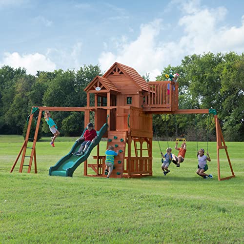 Backyard Discovery, Skyfort II Playground Cedar Wood Swing Set with Playhouse Fort, Sandbox, Picnic Table, Slide, Monkey Bars, Swings, Rock Climber, Backyard Discovery