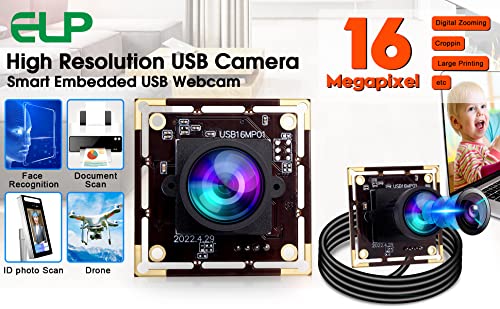 ELP 16MP Wide Angle USB Camera Module for Raspberry Pi and Computer 4K Mini UVC USB2.0 Video Webcam Board with 118degree No Distortion Lens IMX298 ELP