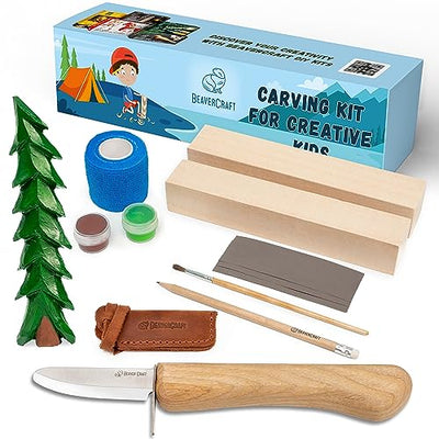 BeaverCraft Wood Carving Kit for Kids & Beginner DIY08 - Wood Whittling Kit for Kids Woodworking Starter Kit Hobby Kits for Boys Wood Crafts Projects