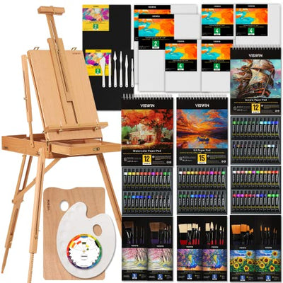 VISWIN All-in-One Artist Painting Set, 147 Pcs Professional Painting Kit with French Easel, 96 Oil, Watercolor & Acrylic Paint Set, Canvas,