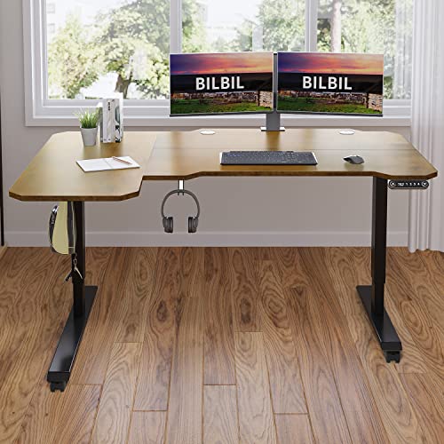bilbil L-Shaped Electric Height Adjustable Standing Desk 59 Inches, Stand Up Rising Table for Home Office with Splice Board, Black Frame and Rustic bilbil