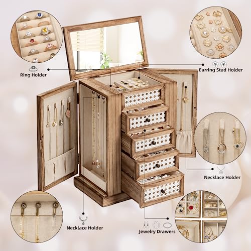 Emfogo Jewelry Box for Women, 5 Layer Large Wood Jewelry Boxes & Organizers for Necklaces Earrings Rings Bracelets, Rustic Jewelry Organizer Box with Emfogo